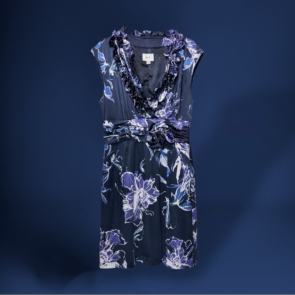 Y2K ECI Silk Floral Rosette Dress 8 Purple Blue Fluid Satin Finish Wedding Guest